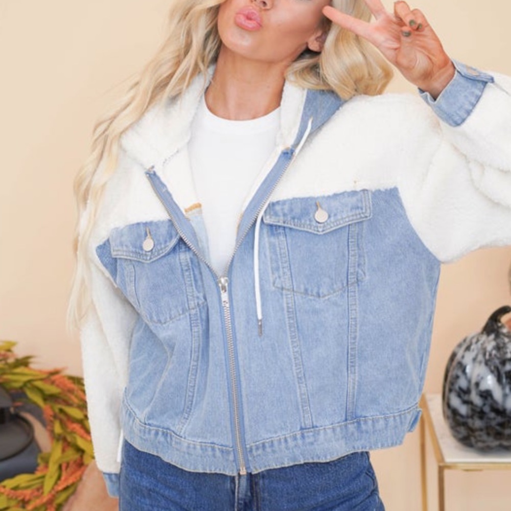 Zip up fuzzy denim jacket with hood